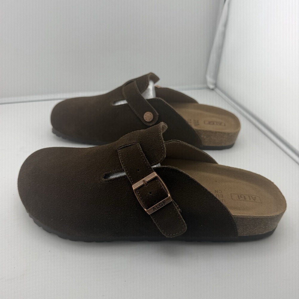 Genuine Suede Clogs And Mules Slip-On Buckle Slides In Coffee Size 6.5 Women's. - Picture 3 of 7